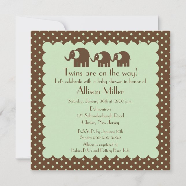 Mama & Twins Elephant Baby Shower Invitation (Front)