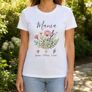 Mama Watercolor Flowers with Children's Names T-Shirt