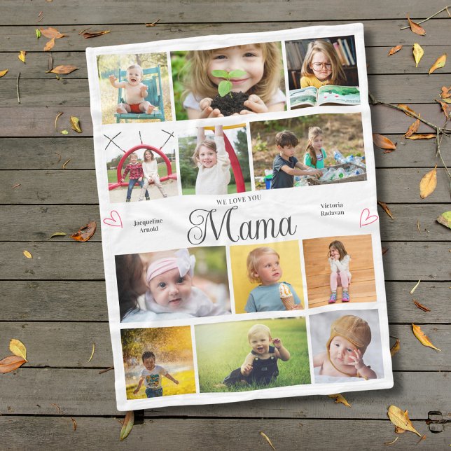 Mama We Love You Personalised Hearts Fleece Blanket (Mama fleece blanket with your text and favorite photos.)