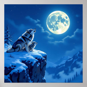 Mama Wolf and her Cub Howling at Moon Poster