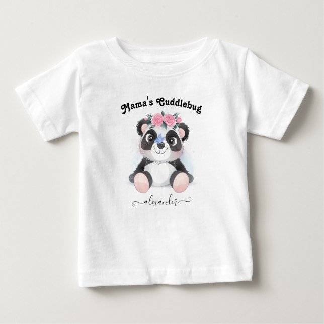 Mama's Cuddlebug with Baby Name Cute Panda Bear T-Shirt (Front)