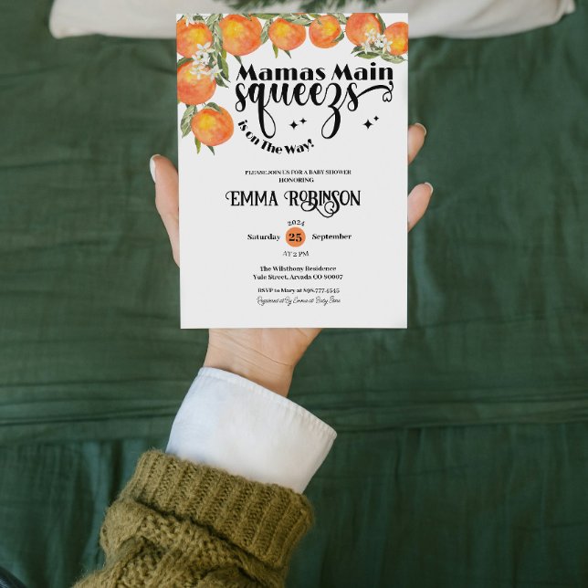 Mamas Main Squeeze Baby Shower Orange Watercolor Invitation (mamas main squeeze summer baby shower gender neutral watercolor botanical mother to be)