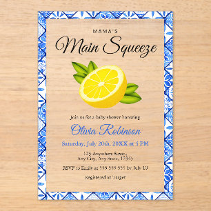 Mama's Main Squeeze Blue Tile Lemon Baby Shower Acrylic Invitations
