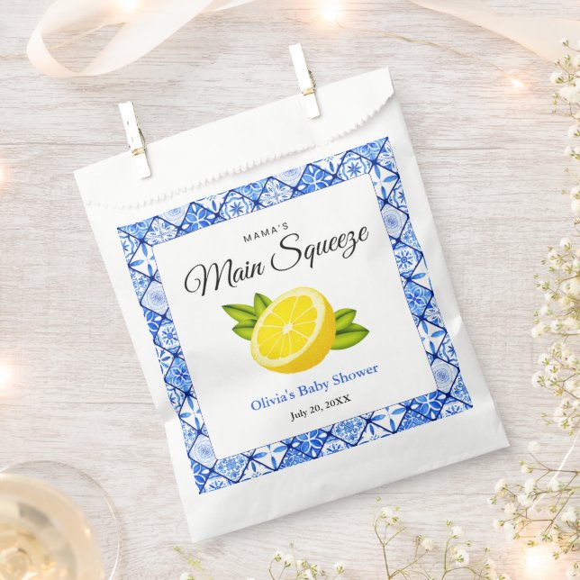 Mama's Main Squeeze Blue Tile Lemon Baby Shower  Favour Bag (Clipped)