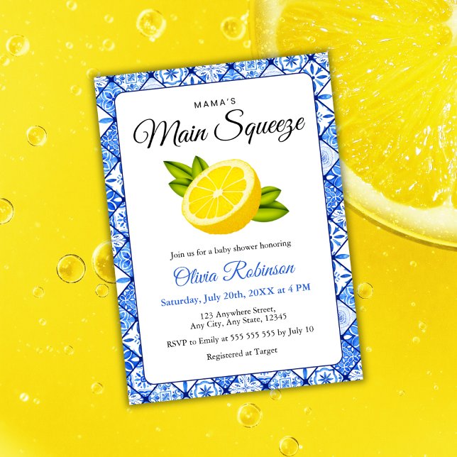 Mama's Main Squeeze Blue Tile Lemon Baby Shower  Invitation (Mama's Main Squeeze Blue Tile Lemon Baby Shower Invitation  )