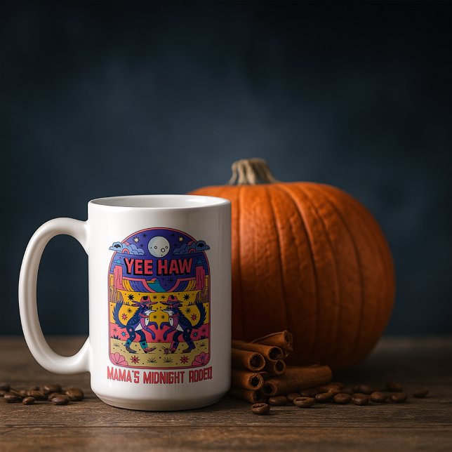 Mama's Midnight Rodeo Funny Mum Life Yee Haw Coffee Mug (15 oz fall pumpkin spice meme coffee mug in autumn tablescape)