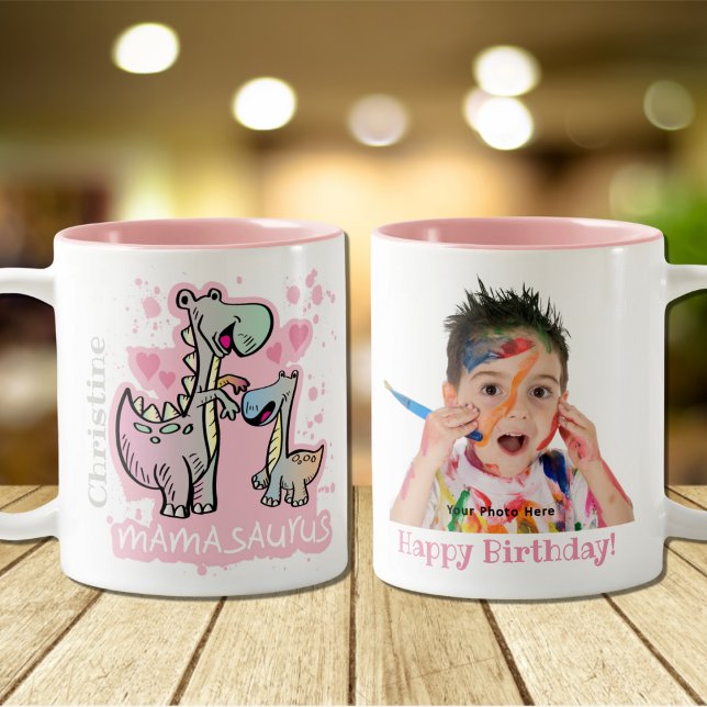 Mamasaurus Dino Mum Happy Birthday Photo Custom Two-Tone Coffee Mug (Creator Uploaded)