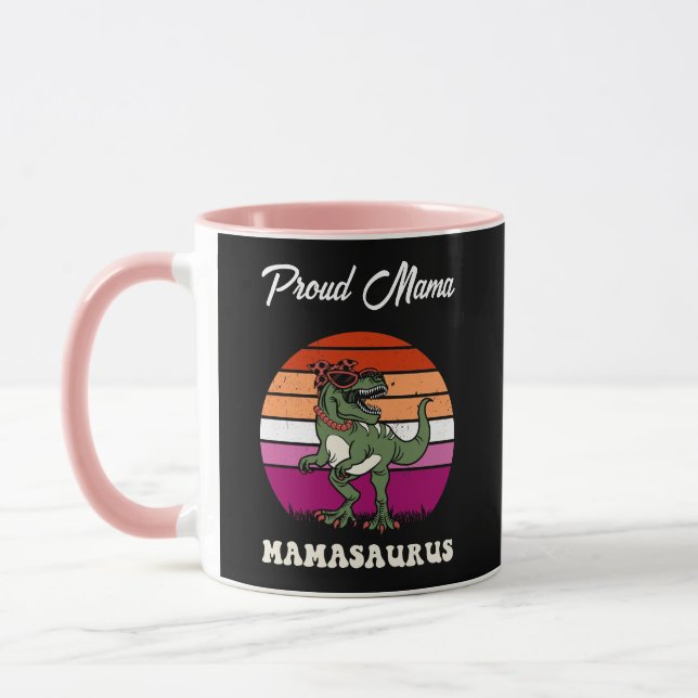 Mamasaurus Funny Dinosaur on Lesbian Flag Sunset Mug (Left)