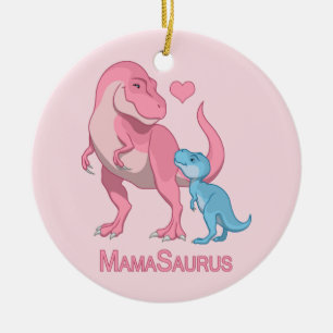 MamaSaurus T-Rex and Baby Boy Dinosaurs Ceramic Ornament