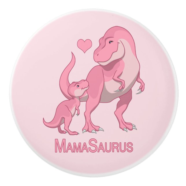 MamaSaurus T-Rex and Baby Girl Dinosaurs Ceramic Knob (Front)