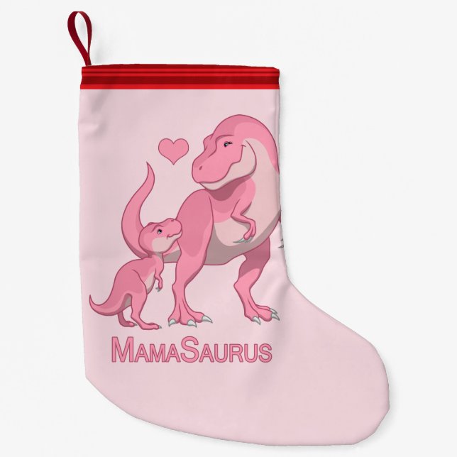 MamaSaurus T-Rex and Baby Girl Dinosaurs Small Christmas Stocking (Front)