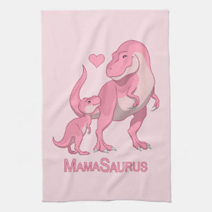 MamaSaurus T-Rex and Baby Girl Dinosaurs Tea Towel