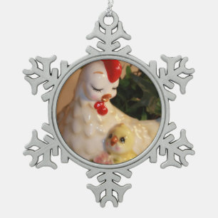 Mamma Hen and Chick Snowflake Pewter Christmas Ornament