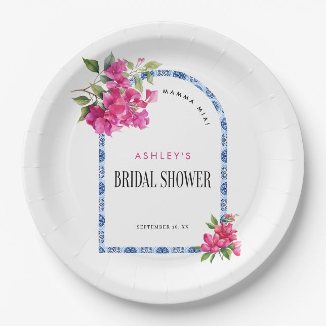Mamma Mia Floral Blue Tiles Arch Bridal Shower Paper Plate (Front)