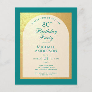 Man 80th Birthday Faux Gold Teal Budget Invitation