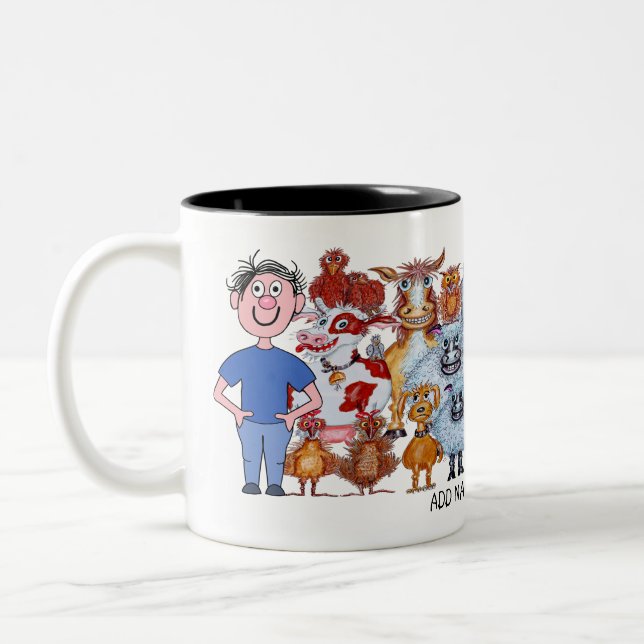Man and animals cartoon Two-Tone coffee mug (Left)
