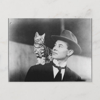 Man and cat black and white postcard