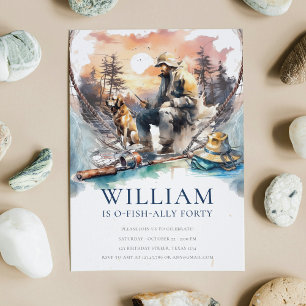 Man and Dog Adult Fishing Birthday  Invitation