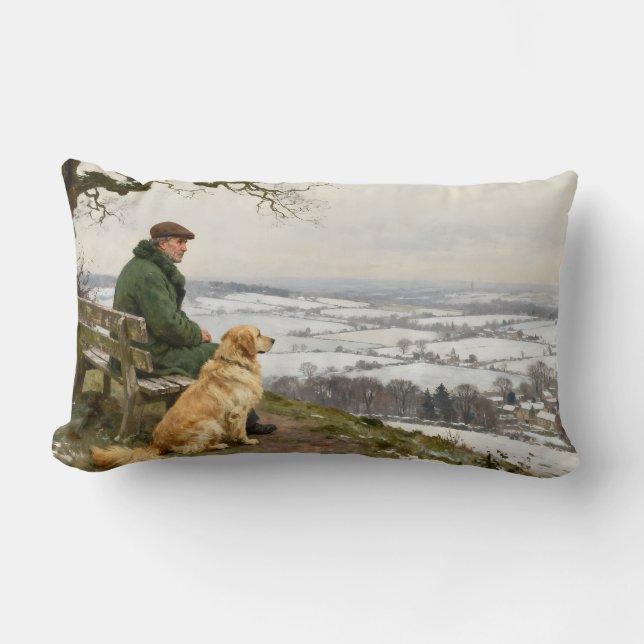 Man and Dog Enjoying Winter Countryside Vista Lumbar Cushion (Front)