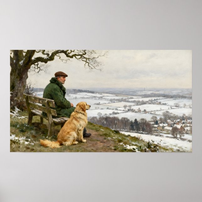 Man and Dog Enjoying Winter Countryside Vista Poster (Front)