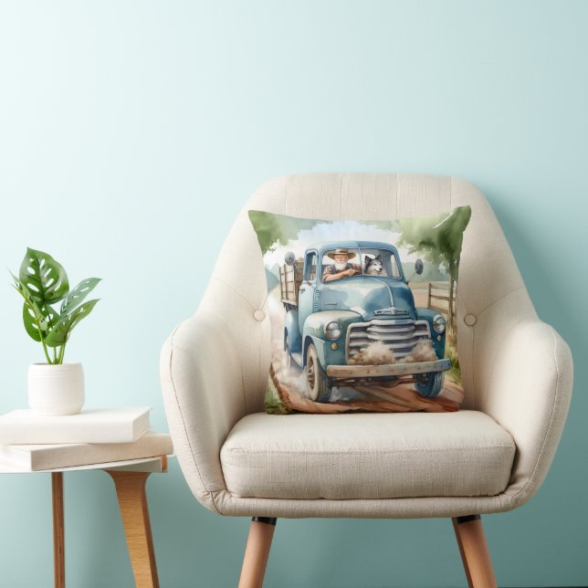 Man and Dog In Old Blue Truck Cushion (Chair)