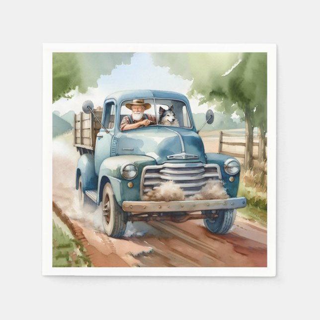 Man and Dog In Old Blue Truck Napkin (Front)