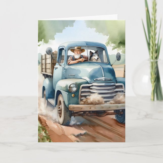 Man and Dog In Old Truck Pet Loss Card (Front)