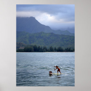 Man and Dog on Paddleboard in Hanalei Bay Poster