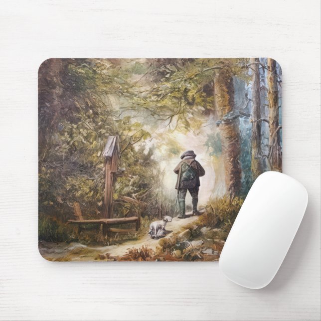 Man and Dog Walking a Forest Path Mouse Pad (With Mouse)
