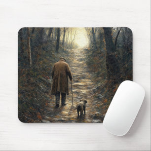 Man and His Dog Walking Uphill in a Dark Woods Mouse Pad