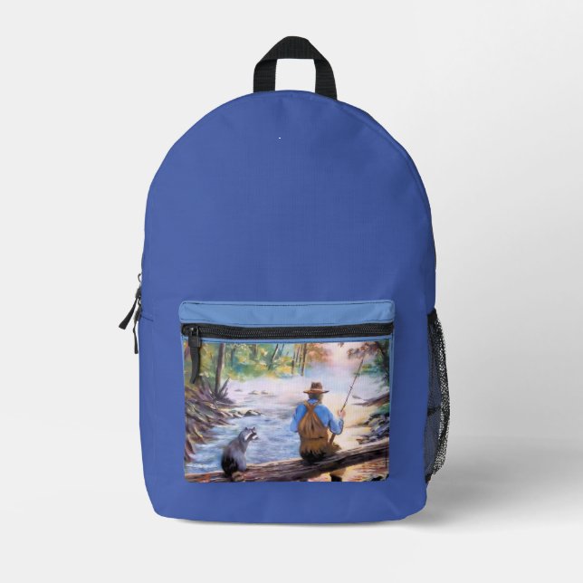 Man and Racoon Fishing Backpack (Front)