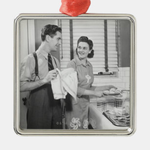 Man and Woman Doing Dishes Metal Ornament