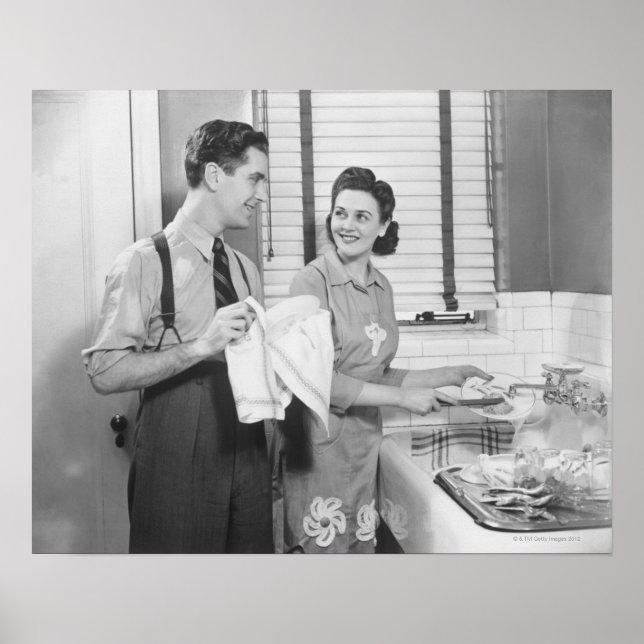 Man and Woman Doing Dishes Poster (Front)