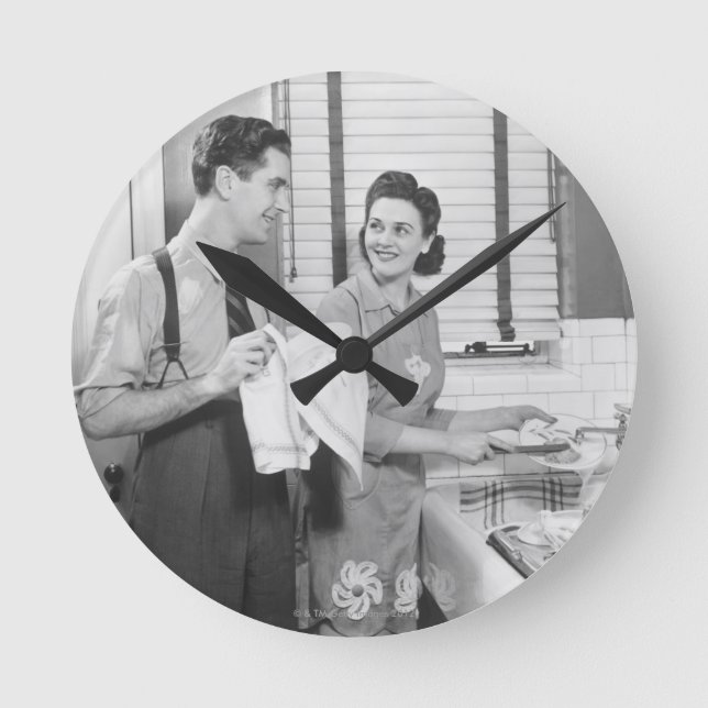 Man and Woman Doing Dishes Round Clock (Front)