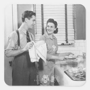 Man and Woman Doing Dishes Square Sticker