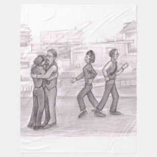 Man and Woman Hug Outside on the Street Then Walk Fleece Blanket