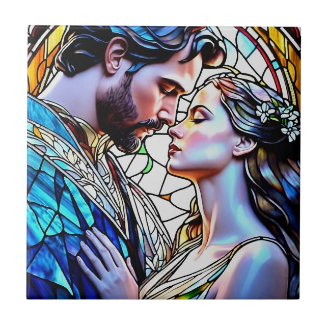 Man and woman in stained glass ceramic tile (Front)