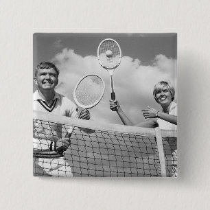 Man and Woman Playing Tennis 15 Cm Square Badge