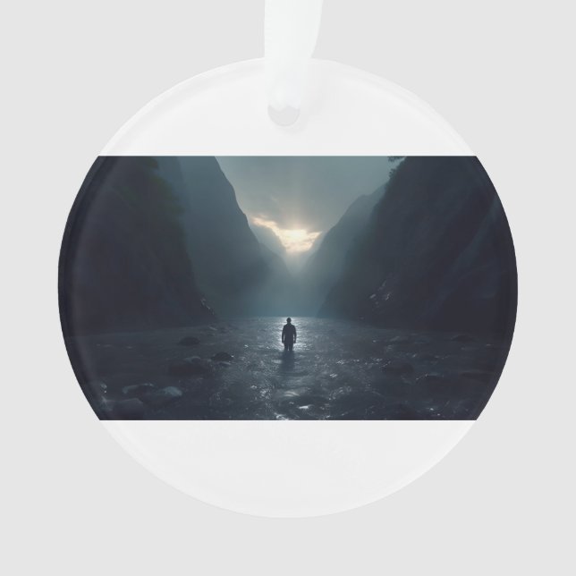 Man at Dawn in Stunning Majestic Mountain Valley Ornament (Front)