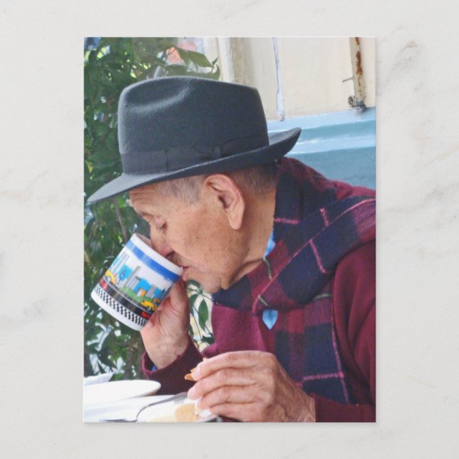 Man at the Cafe - First Cup of Coffee Postcard (Front)