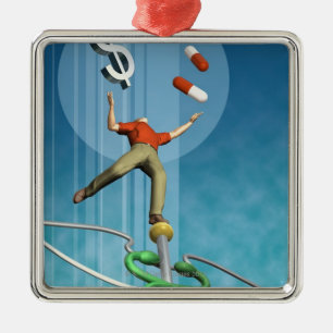 Man balancing drugs and dollar sign metal ornament