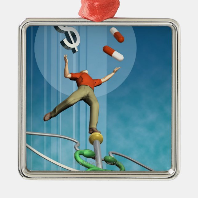 Man balancing drugs and dollar sign metal ornament (Front)