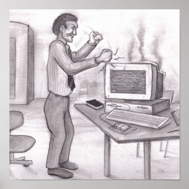 Man Banging Fists on Smoking Computer Monitor Poster (Front)