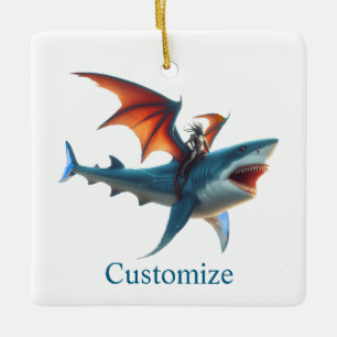 Man-Bat Riding Scary Shark Thunder_Cove Ceramic Ornament