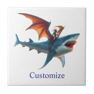 Man-Bat Riding Scary Shark Thunder_Cove Ceramic Tile