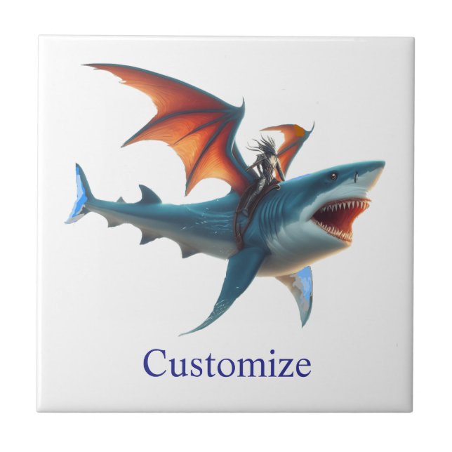 Man-Bat Riding Scary Shark Thunder_Cove Ceramic Tile (Front)