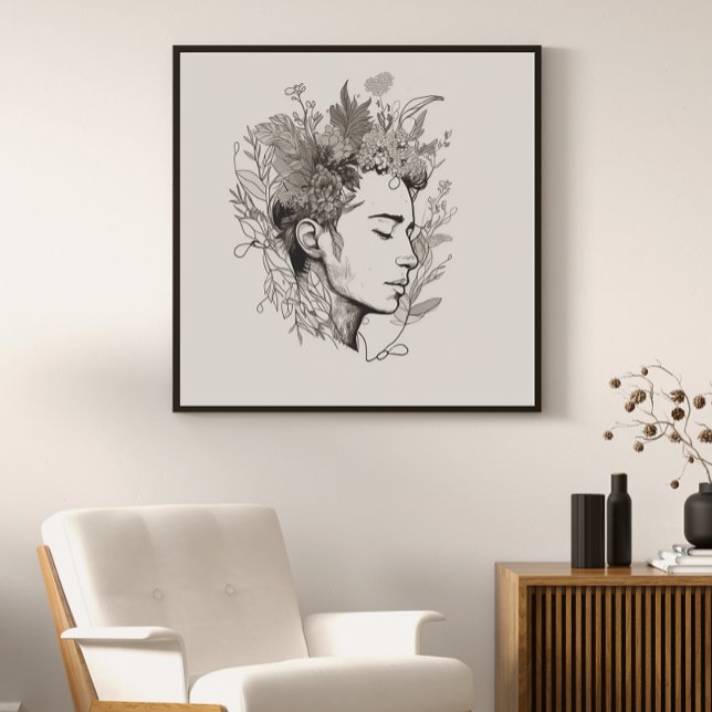 Man Black Line Art with Flower Boho style Poster (Creator Uploaded)