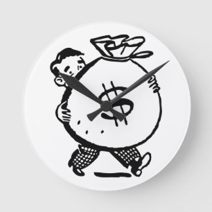 Man Carrying Money Bag Dollar Sign Round Clock