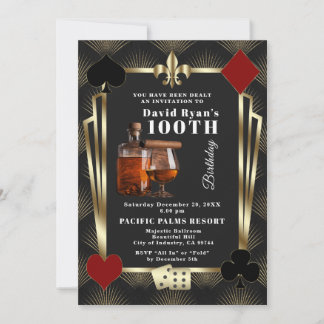 Man Casino Cognac And Cigar 100th Birthday Party Invitation