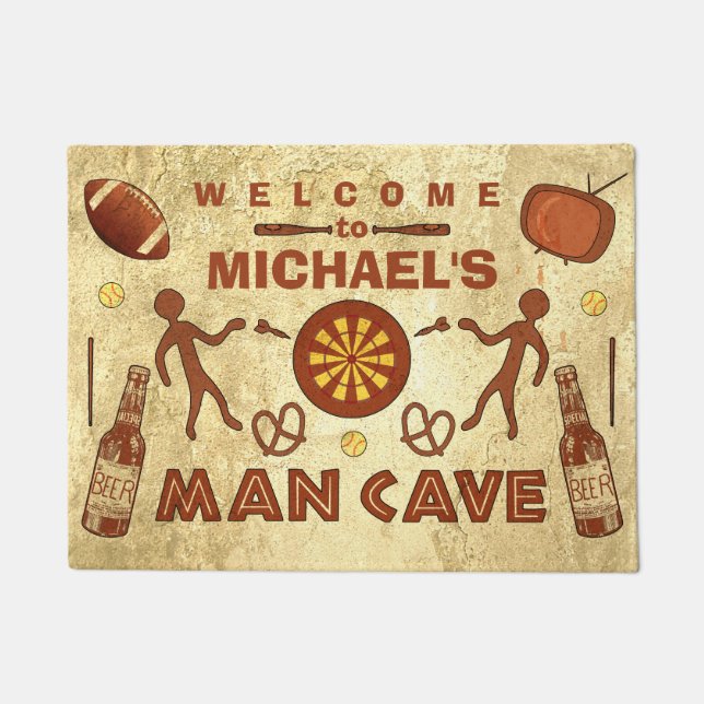 Man Cave Beer Sports TV Pretzels Funny Custom Name Doormat (Front)